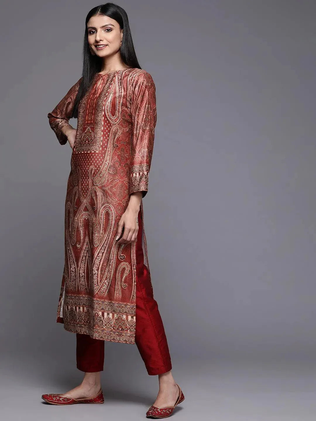 Rust Printed Velvet Straight Kurta - Libas 