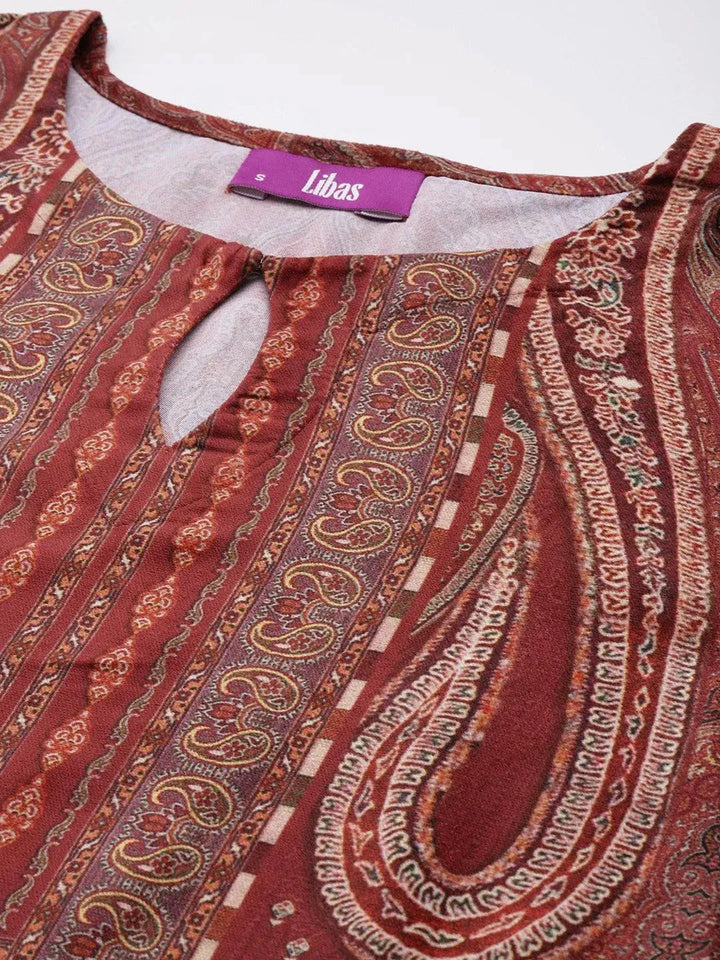 Rust Printed Velvet Straight Kurta - Libas