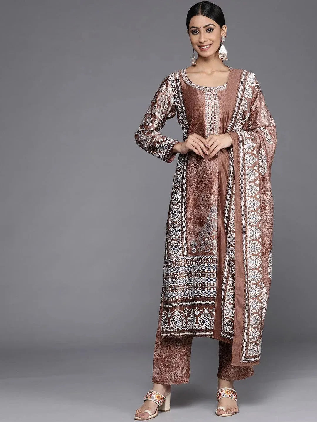 Rust Printed Velvet Straight Suit Set With Trousers - Libas 