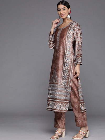 Rust Printed Velvet Straight Suit Set With Trousers - Libas