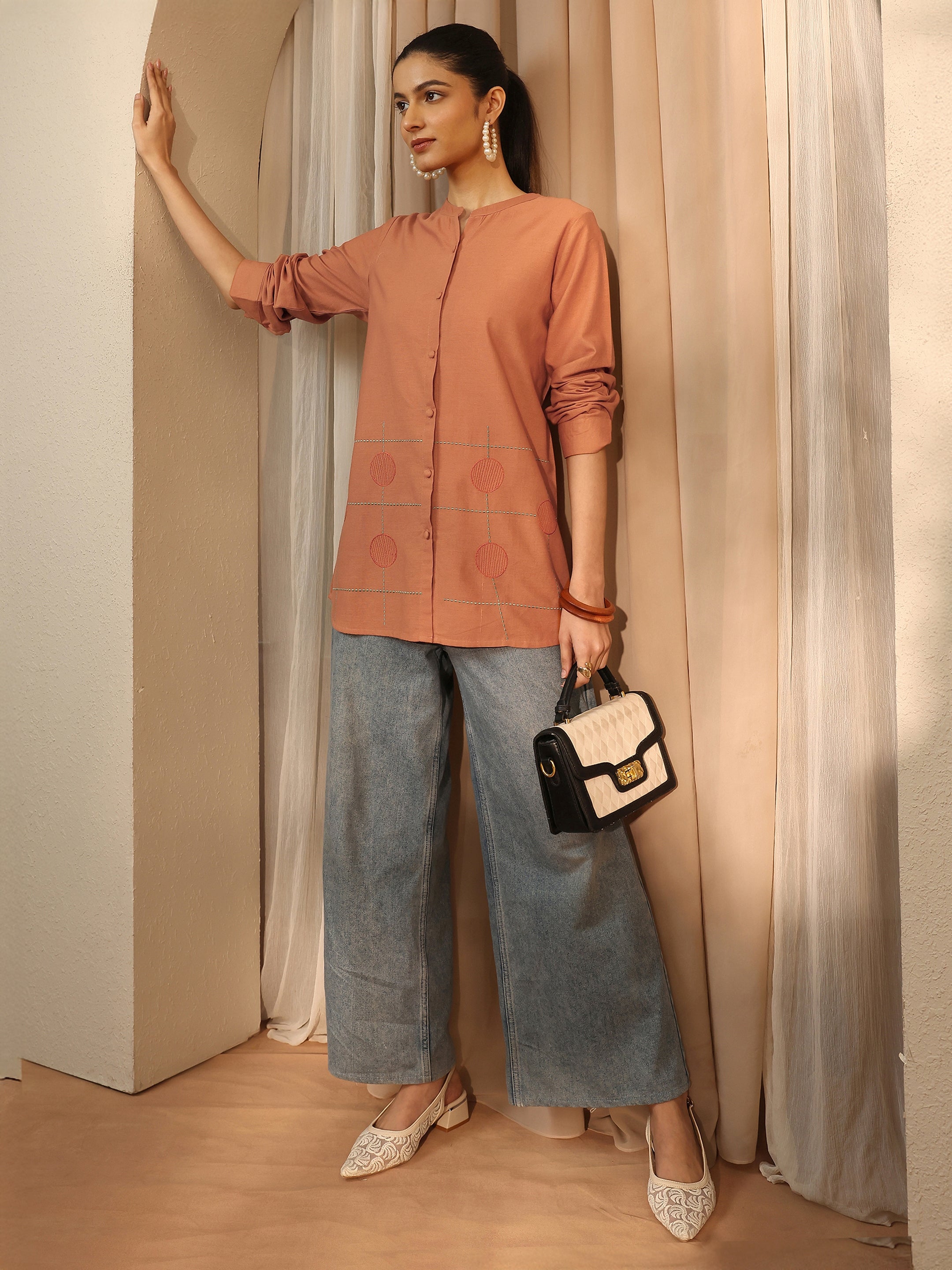 libas Rust Self Design Linen Shirt-picture-51