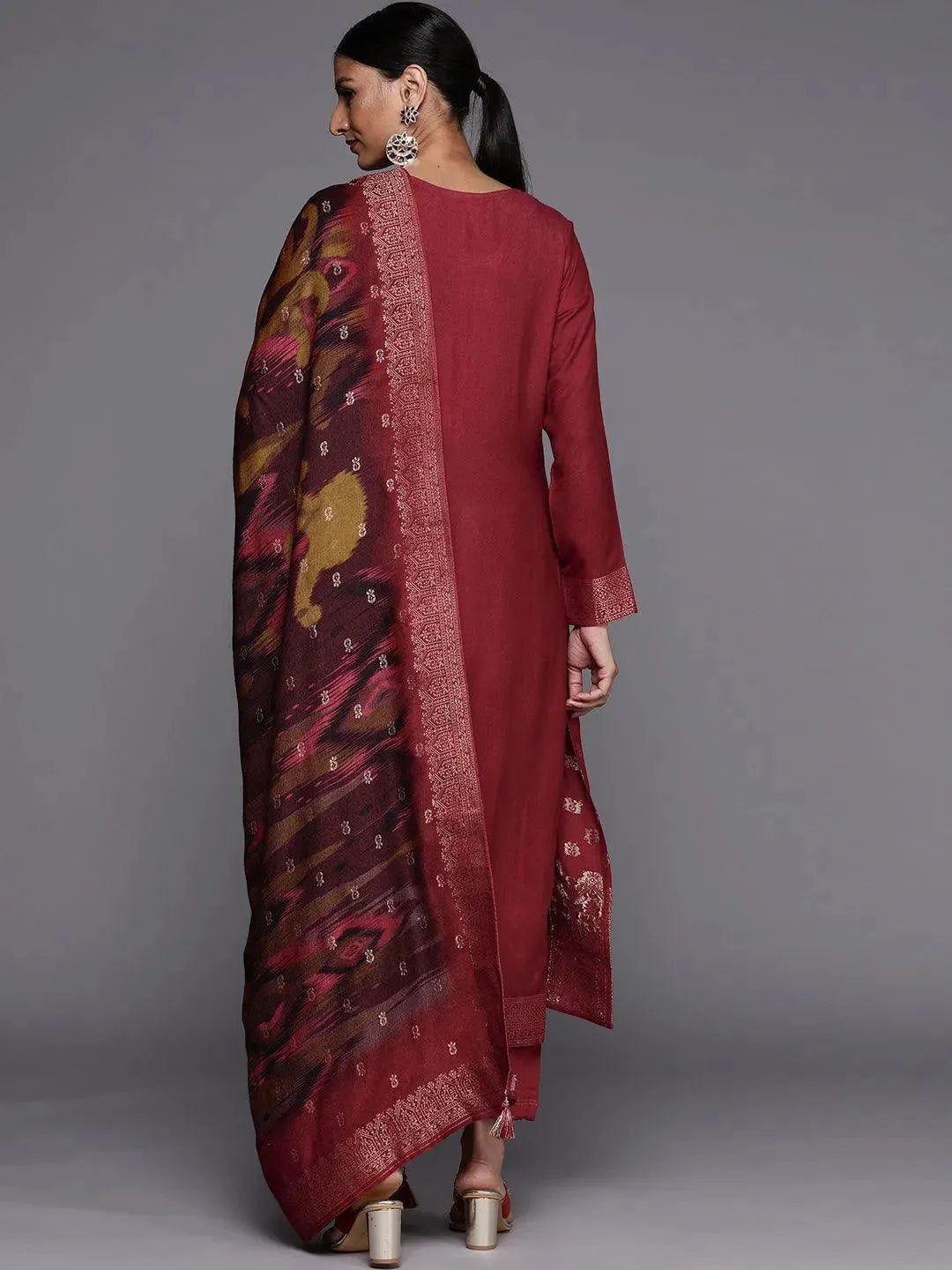 Rust Self Design Pashmina Wool Straight Suit Set - Libas 