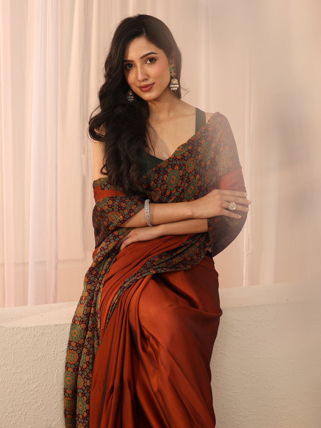 Libas Rust Chiffon Saree with Printed Border