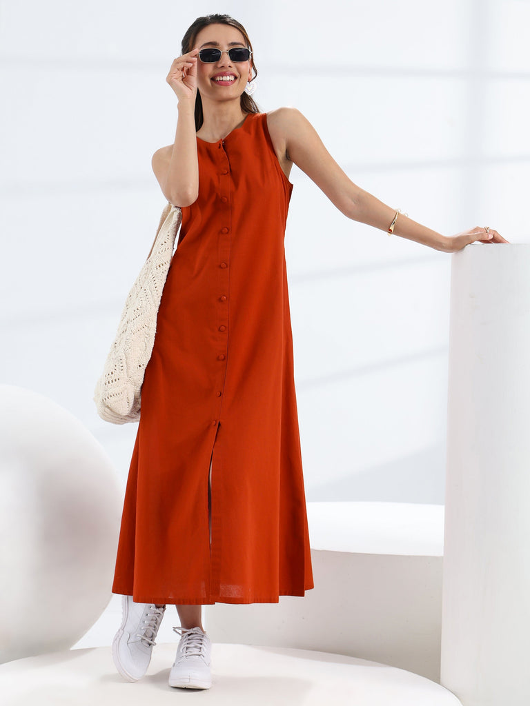Libas Rust Solid Cotton A-Line One Piece Dress