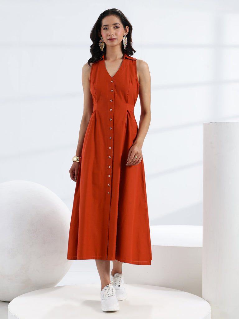 Libas Rust Solid Cotton A-Line One Piece Dress