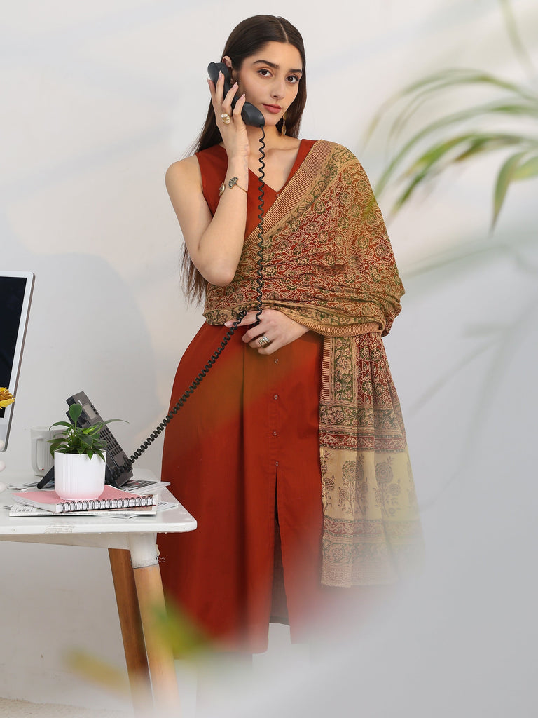 Gerua Rust Solid Cotton Blend A-Line Suit Set With Dupatta