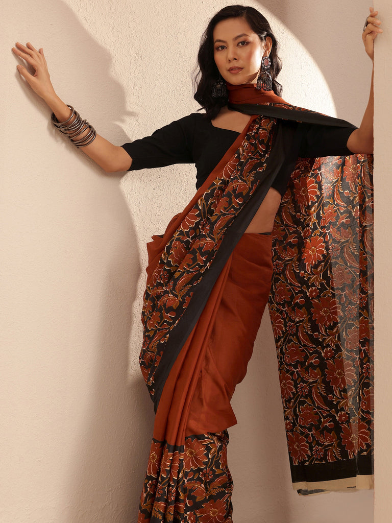 Libas Rust Solid Cotton Saree With Unstitched Blouse Piece