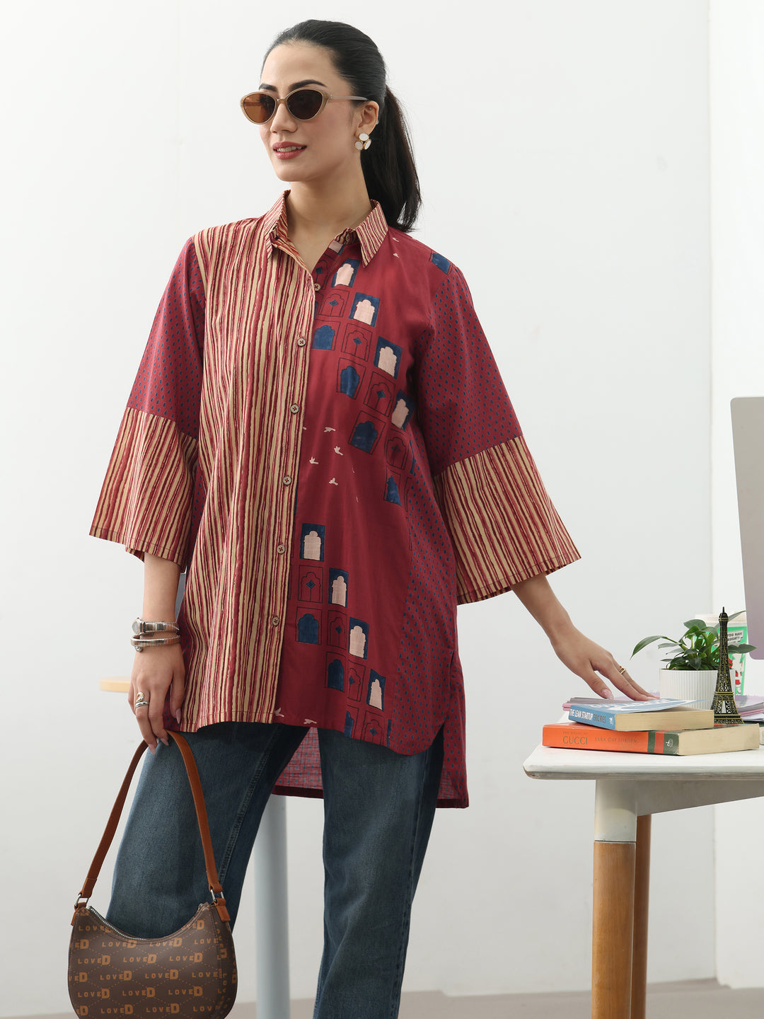  Rust Striped Printed Cotton Shirt 