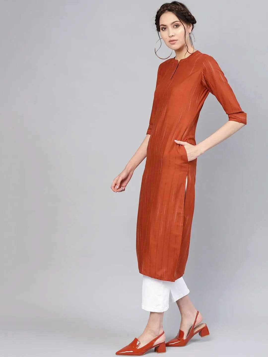 Rust Striped Rayon Kurta - Libas