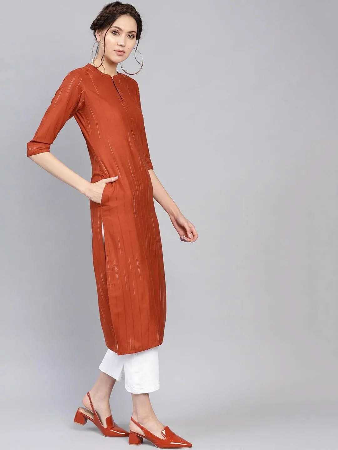 Rust Striped Rayon Kurta - Libas