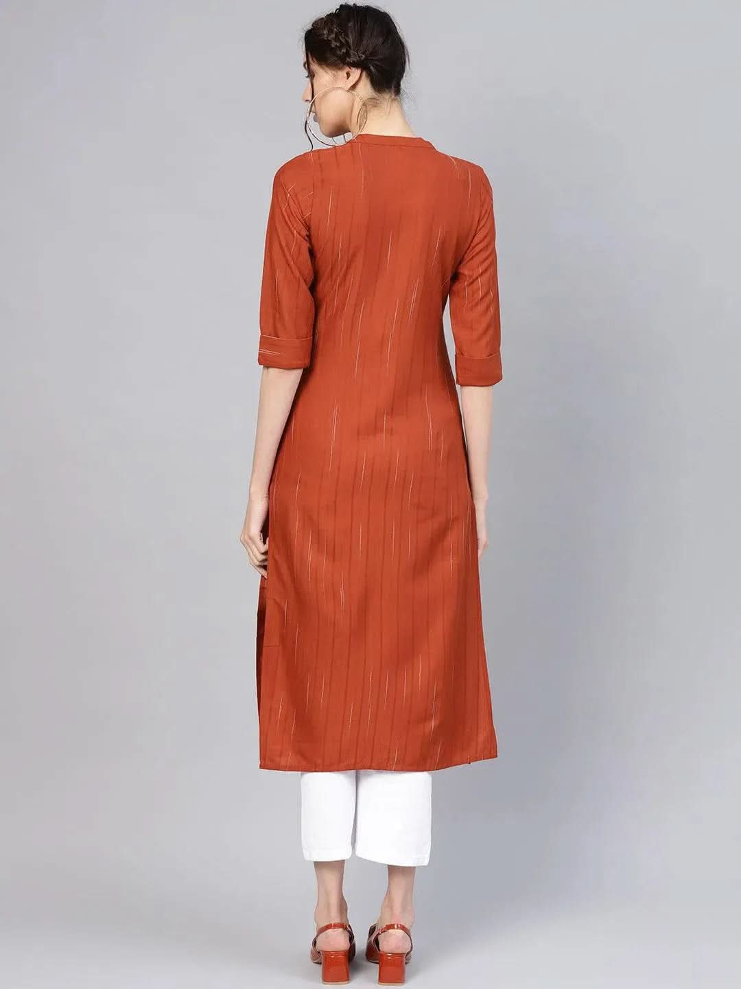 Rust Striped Rayon Kurta - Libas