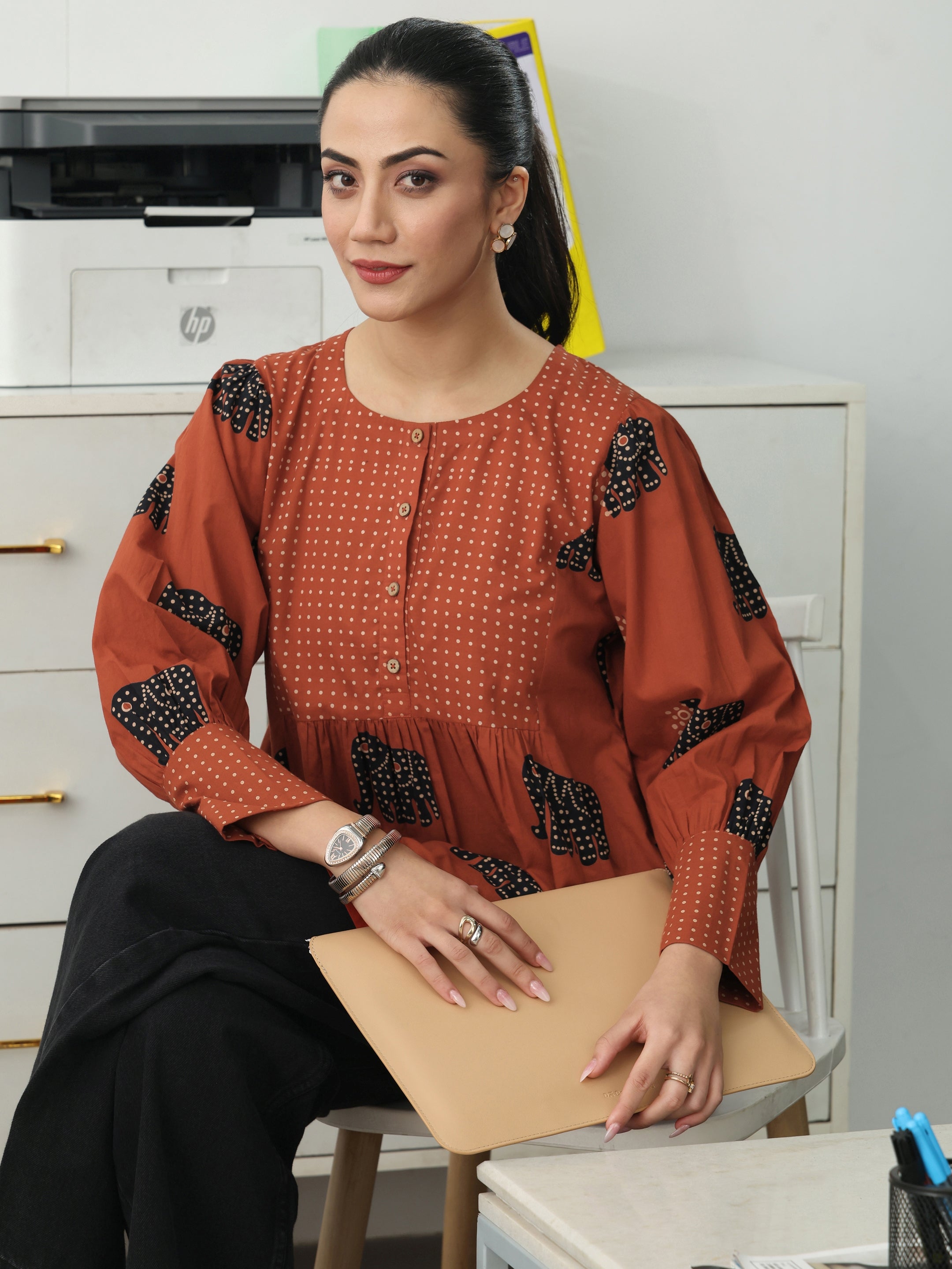 Rust Tribal Printed Cotton Blend A-Line Short Kurti-image-42