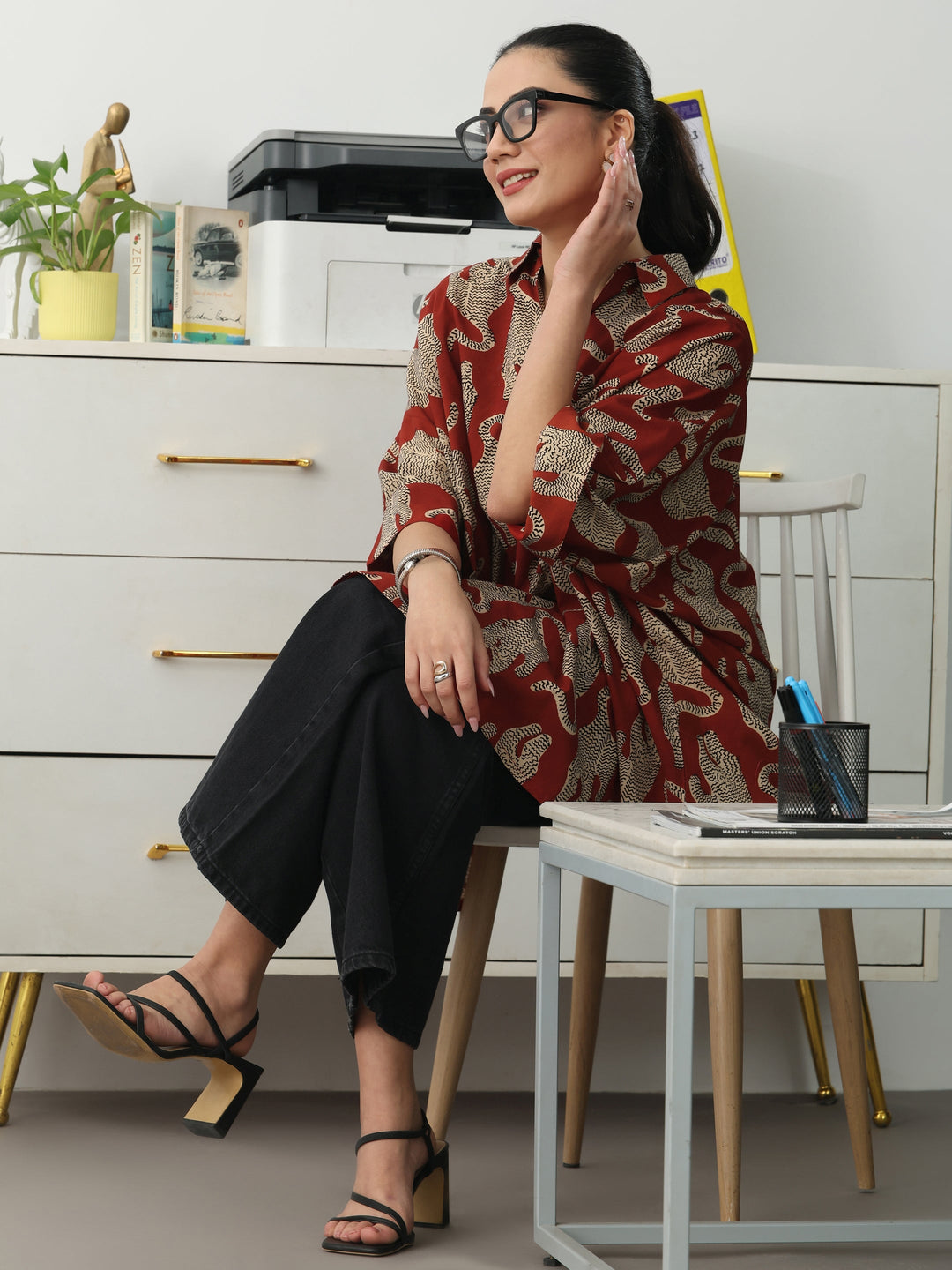 Rust Tribal Printed Cotton Blend A-Line Short Kurti