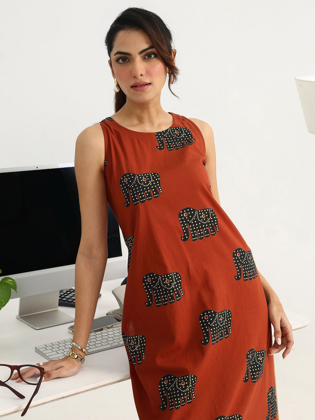 Rust Tribal Printed Cotton Blend Straight Kurta Set