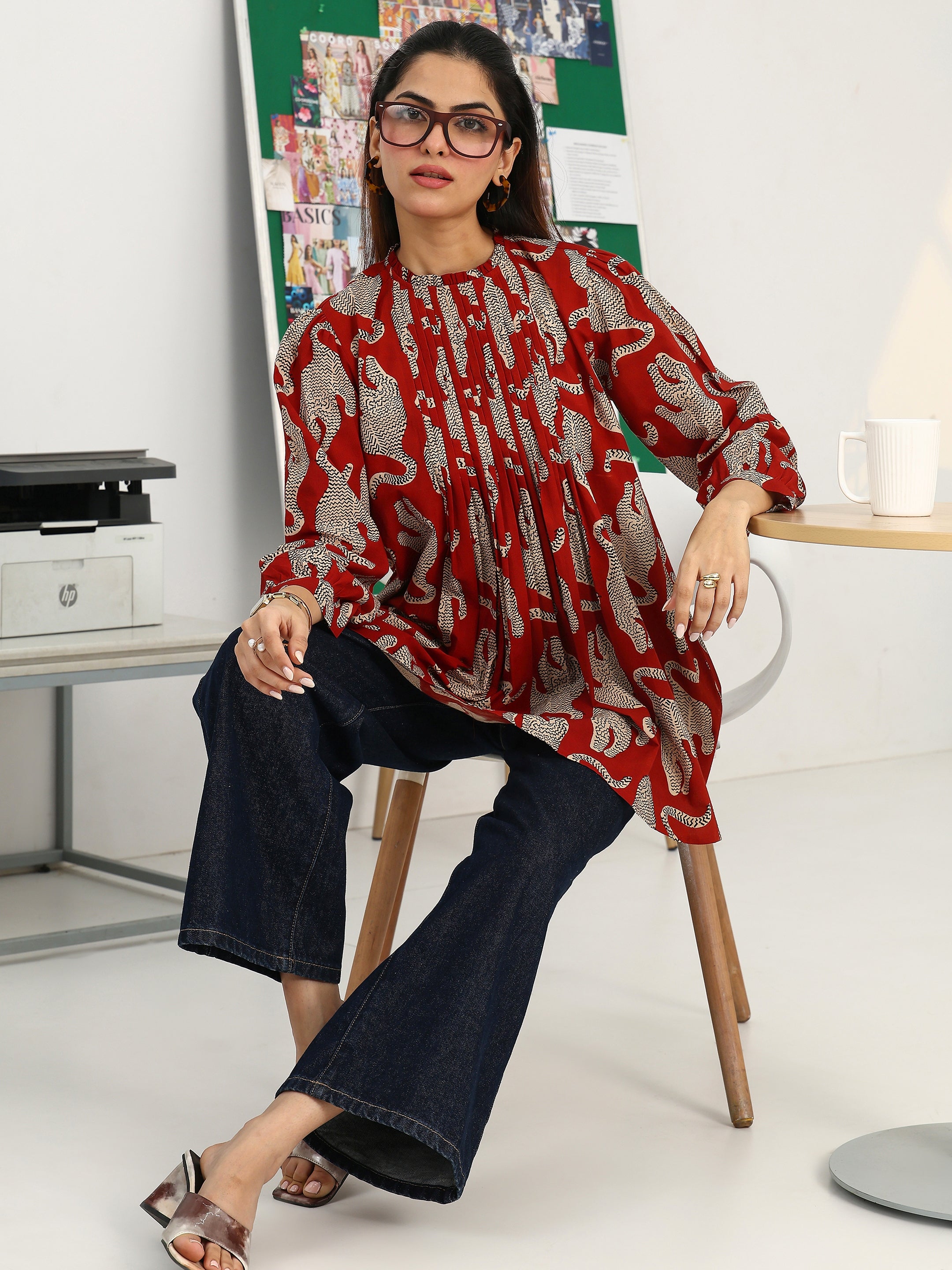 libas Rust Tribal Printed Cotton Blend Straight Short Kurti-picture-34