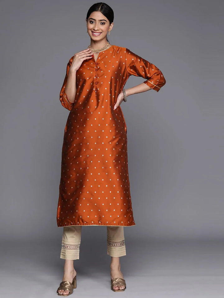 Rust Woven Design Art Silk Straight Kurta - Libas