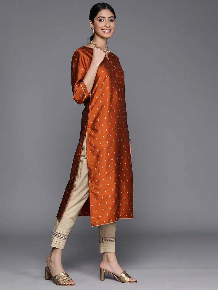 Rust Woven Design Art Silk Straight Kurta - Libas
