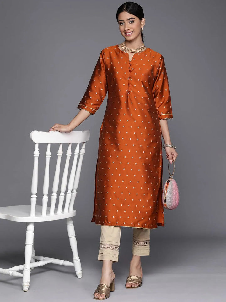 Rust Woven Design Art Silk Straight Kurta - Libas