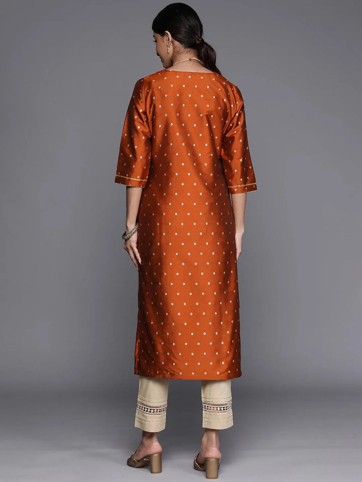 Rust Woven Design Art Silk Straight Kurta - Libas