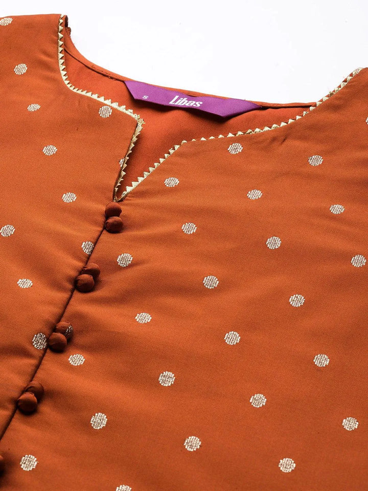 Rust Woven Design Art Silk Straight Kurta - Libas
