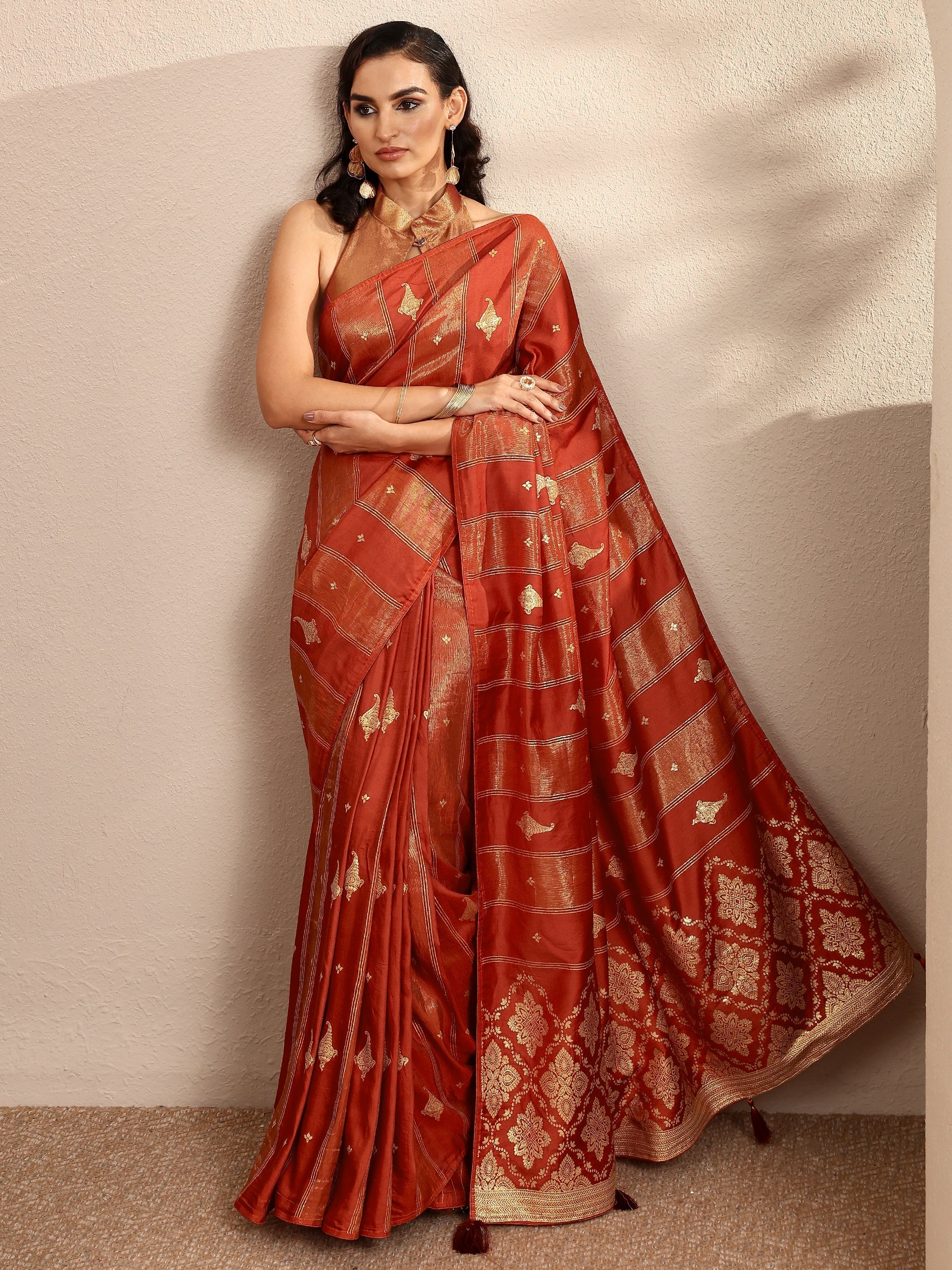 libas Rust Woven Design Banarsi Silk Blend Saree With Unstitched Blouse Piece-picture-48