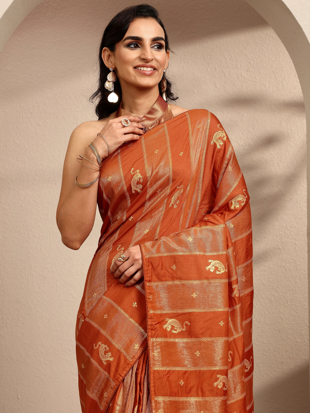 Rust Woven Design Banarsi Silk Blend Saree With Unstitched Blouse Piece