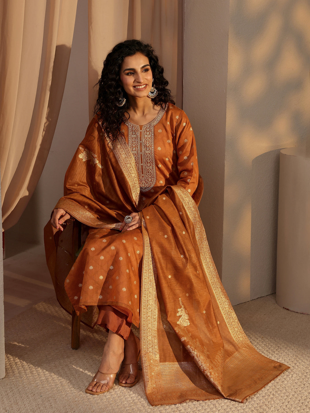  Rust Woven Design Chanderi Silk Straight Suit Set With Dupatta 