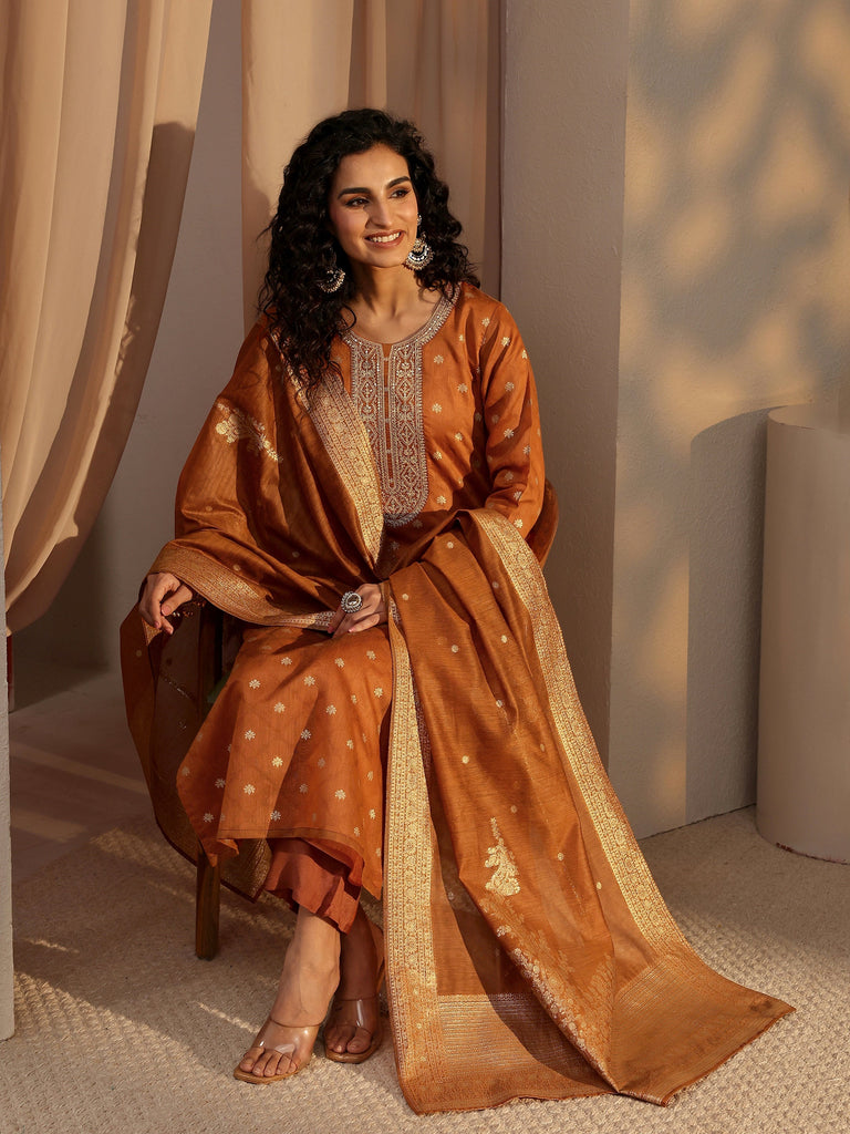 Libas Rust Woven Design Chanderi Silk Straight Suit Set With Dupatta