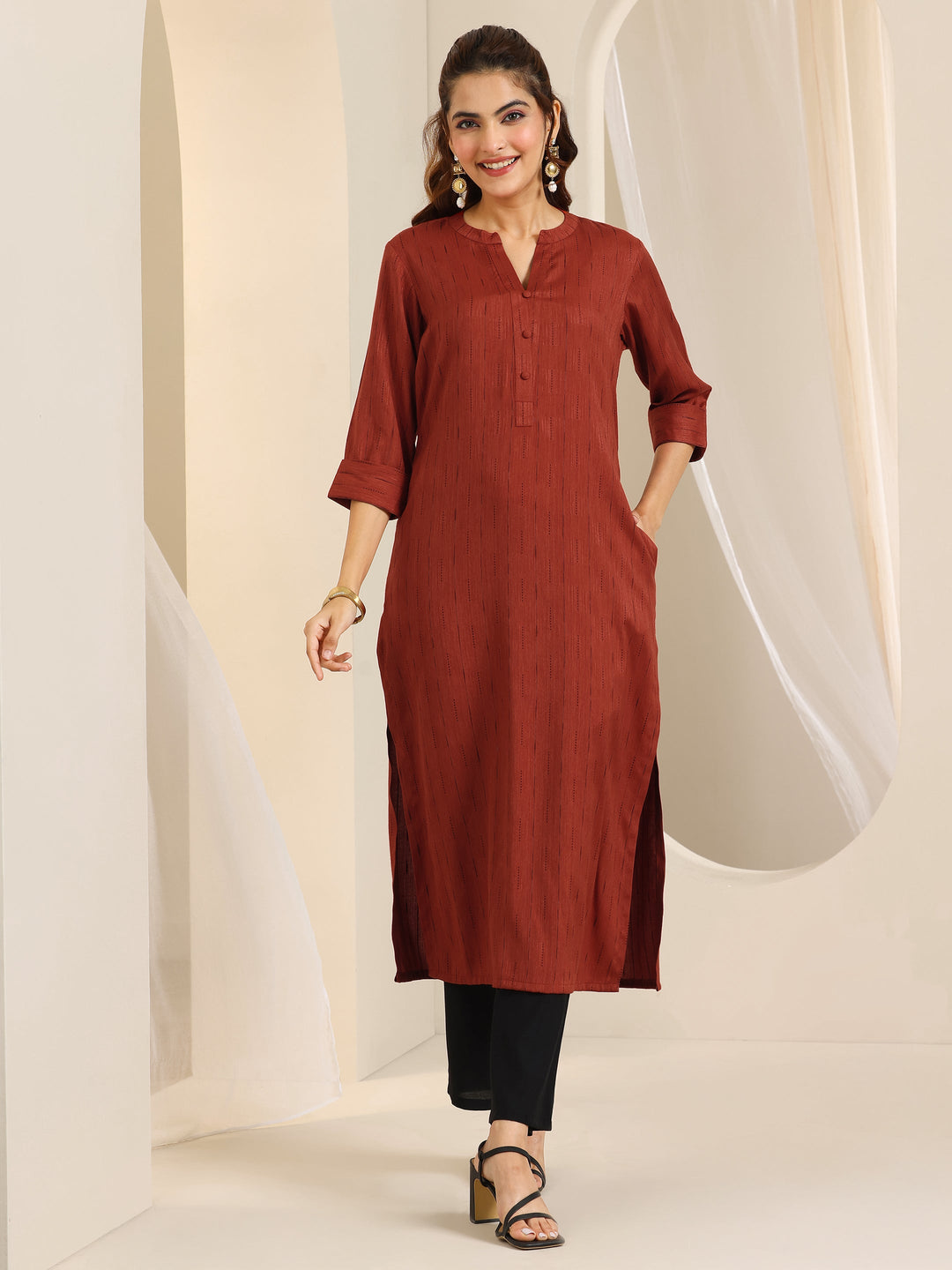  Rust Woven Design Cotton Blend Straight Kurta 