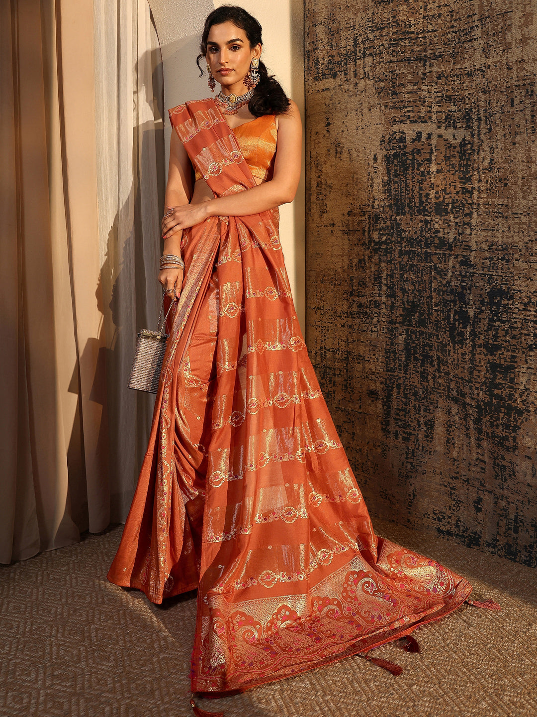  Rust Woven Design Silk Blend Saree With Unstitched Blouse Piece 