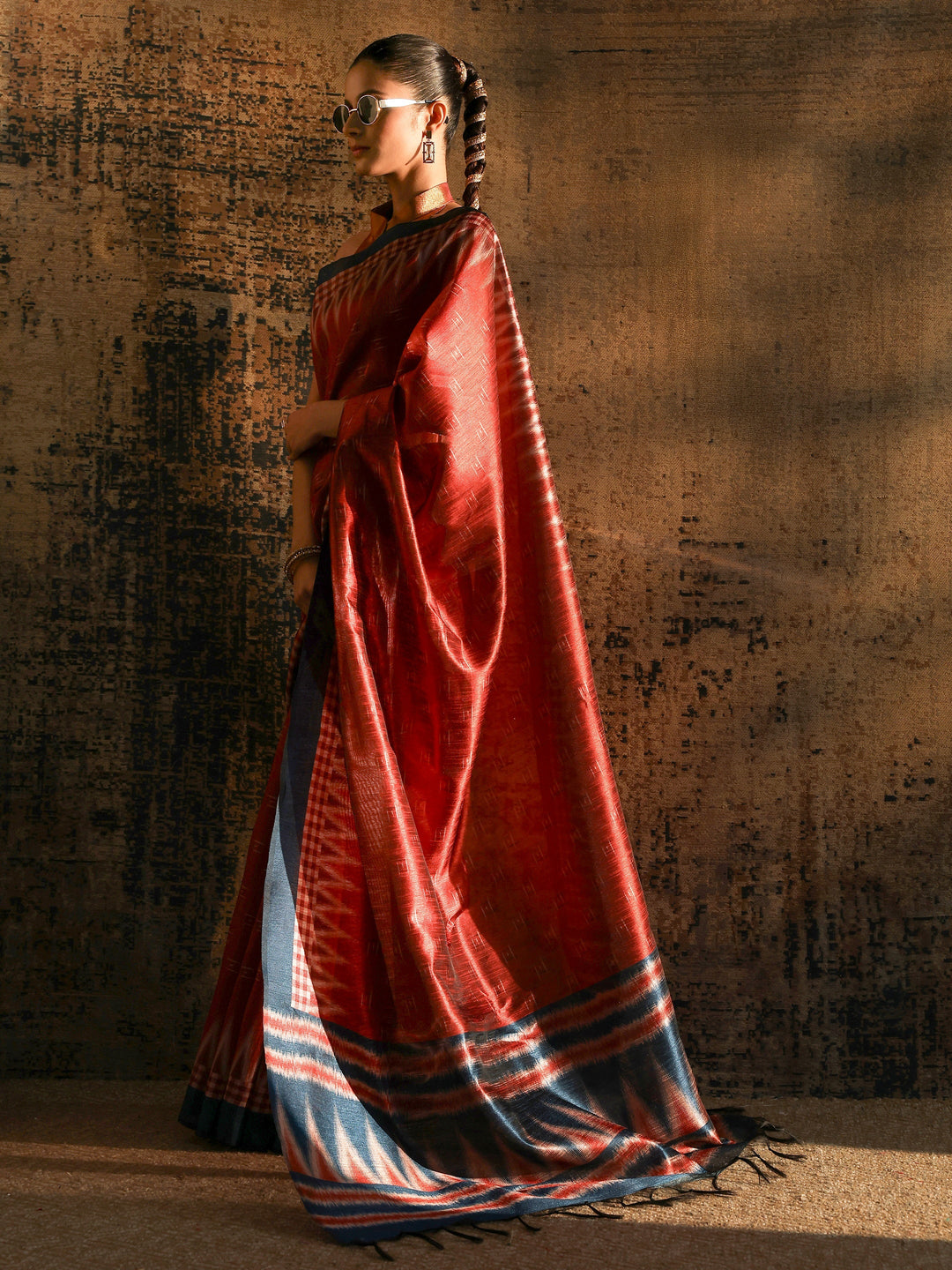 Rust Woven Design Silk Saree With Unstitched Blouse Piece