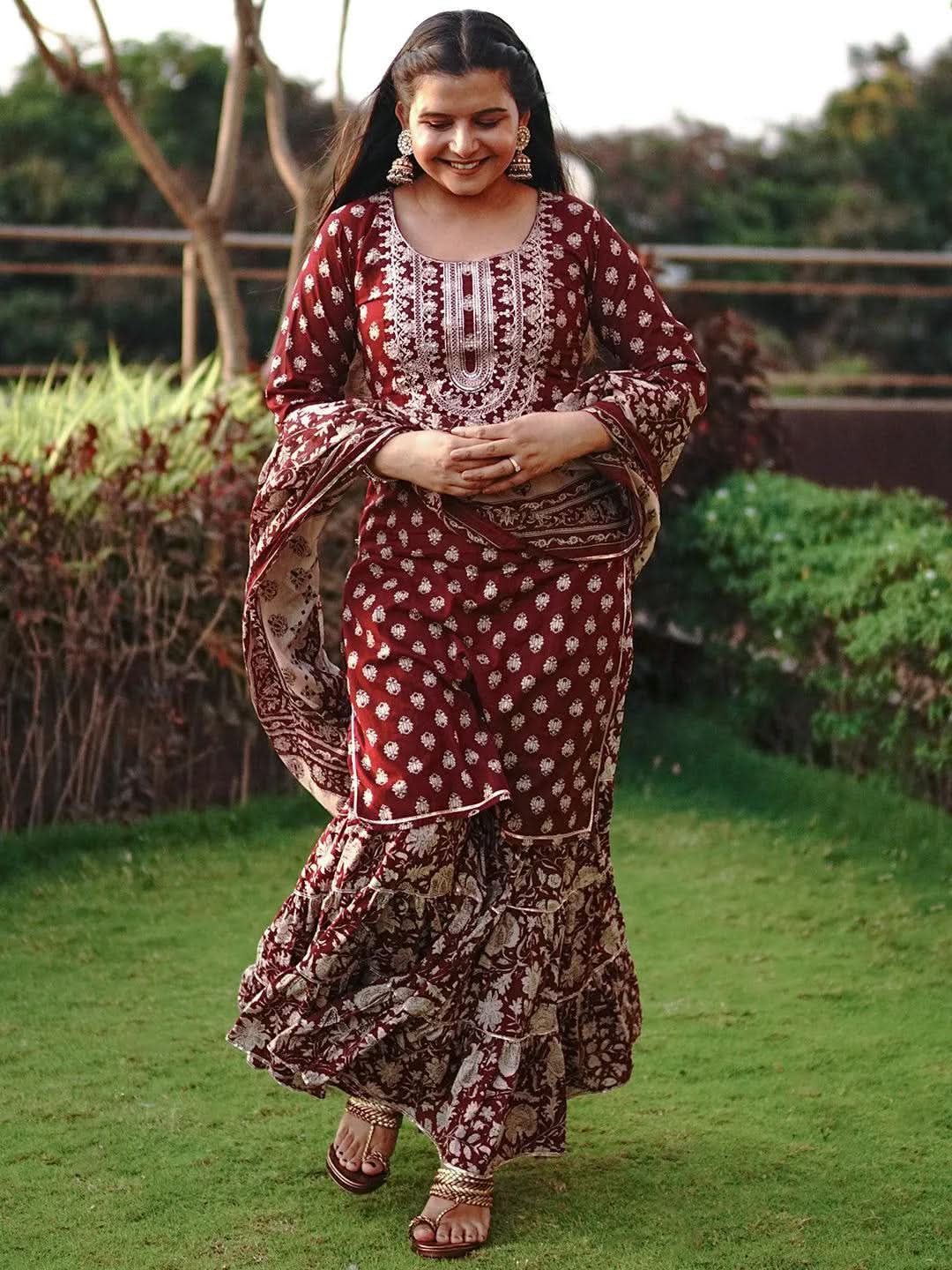 Rust Yoke Design Cotton Straight Kurta With Sharara & Dupatta - Libas 