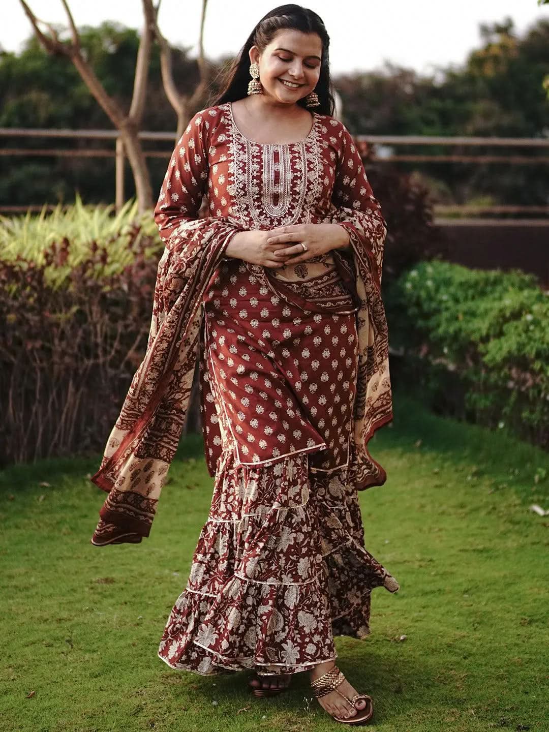Rust Yoke Design Cotton Straight Kurta With Sharara & Dupatta - Libas 