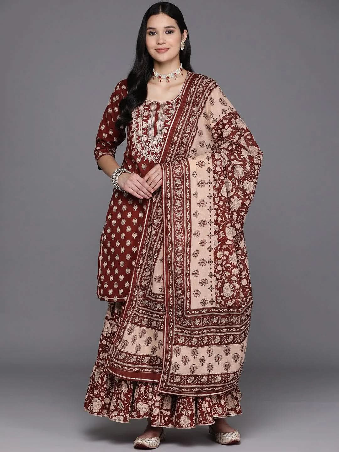 Rust Yoke Design Cotton Straight Suit Set With Sharara - Libas 