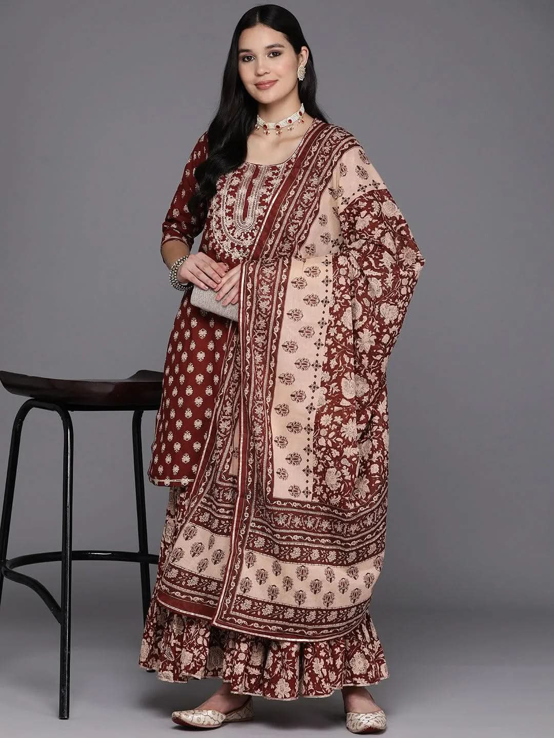Rust Yoke Design Cotton Straight Suit Set With Sharara - Libas 