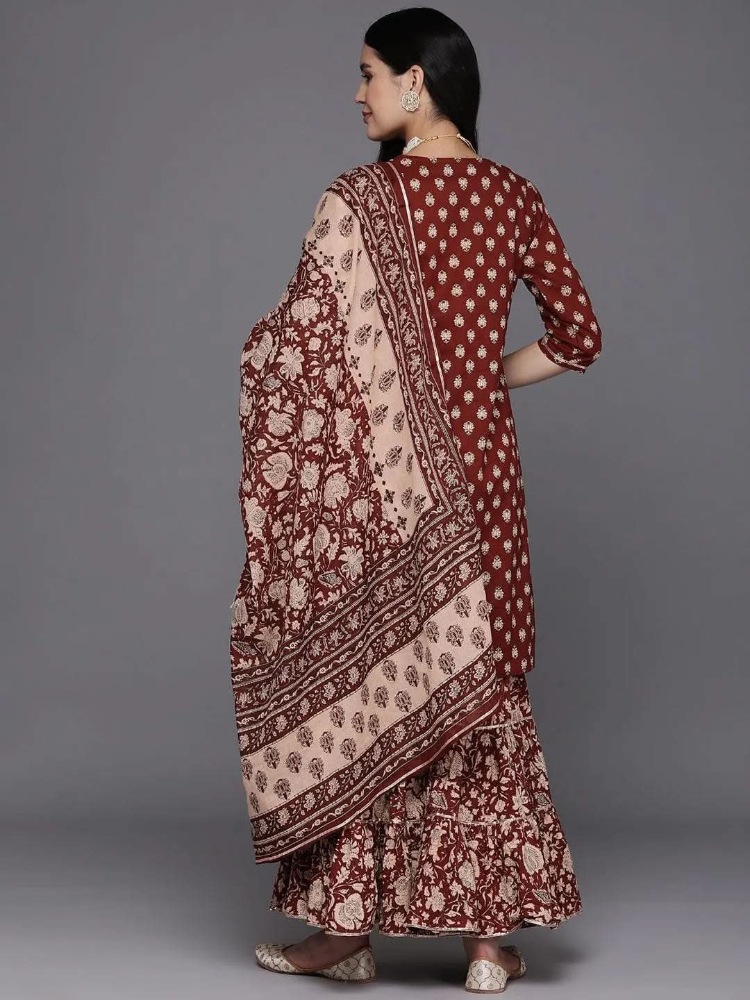 Rust Yoke Design Cotton Straight Suit Set With Sharara - Libas 