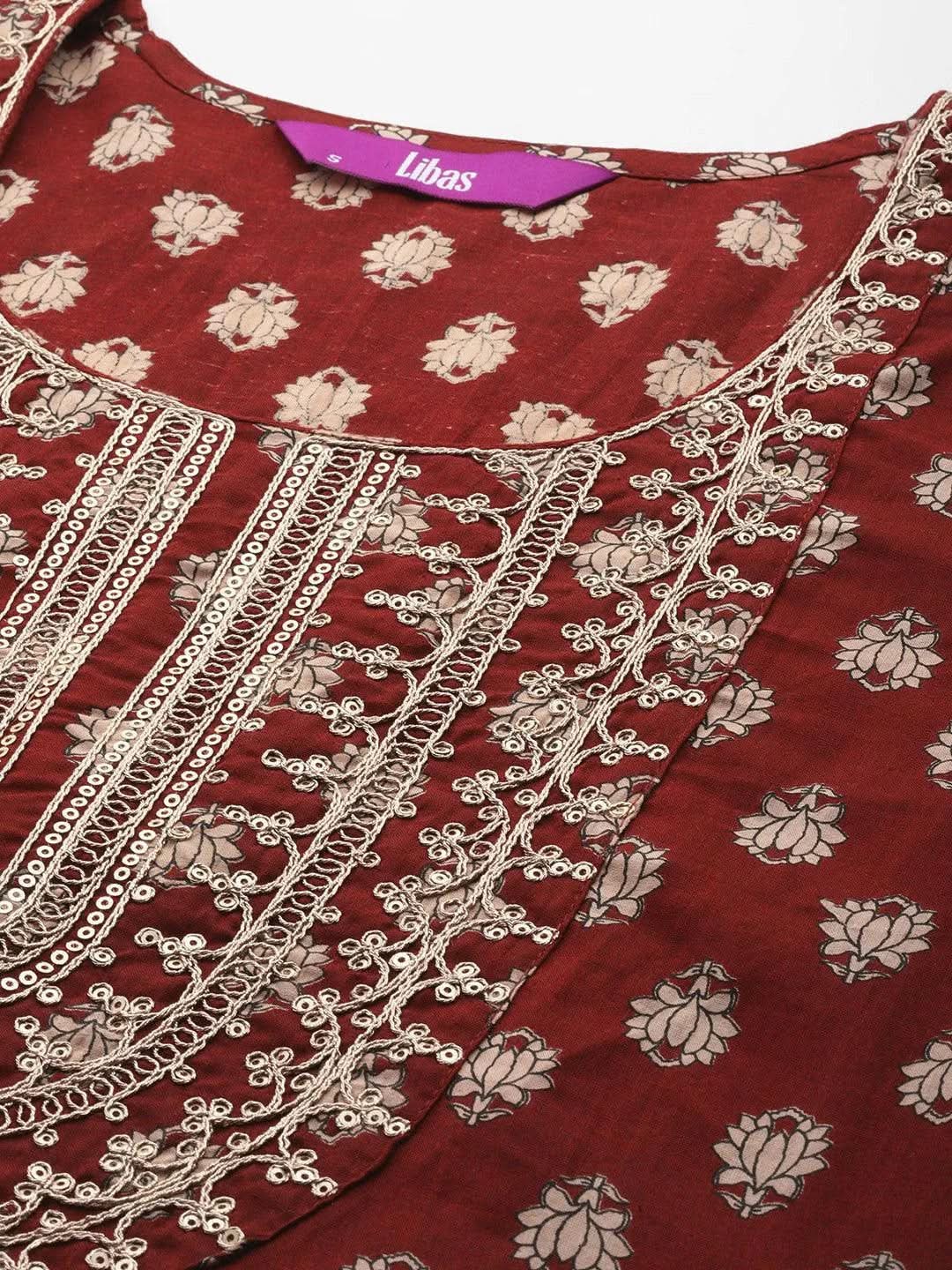 Rust Yoke Design Cotton Straight Suit Set With Sharara - Libas 