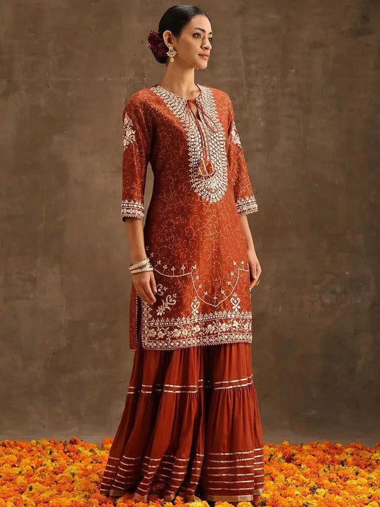 Rust Printed Silk Blend Straight Kurta With Trousers & Dupatta