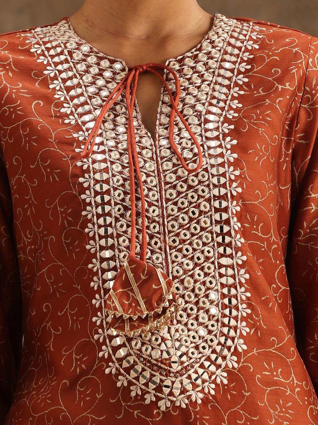 Rust Yoke Design Silk Blend Suit Set With Sharara - Libas