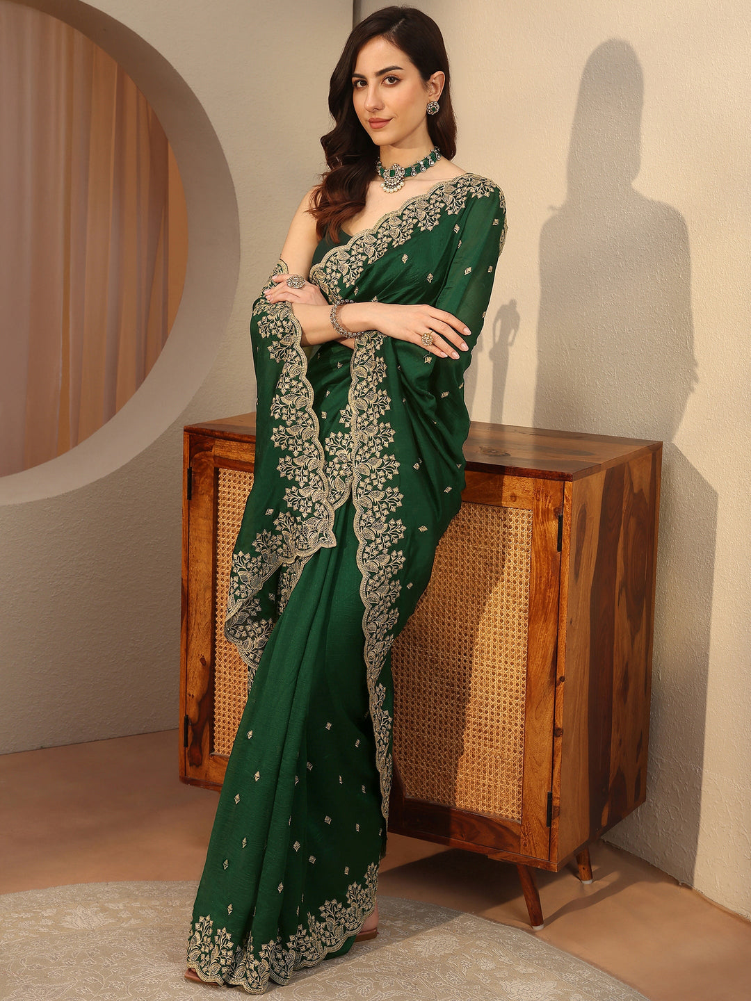  Sacramento Green Floral Embroidered Silk Blend Saree 