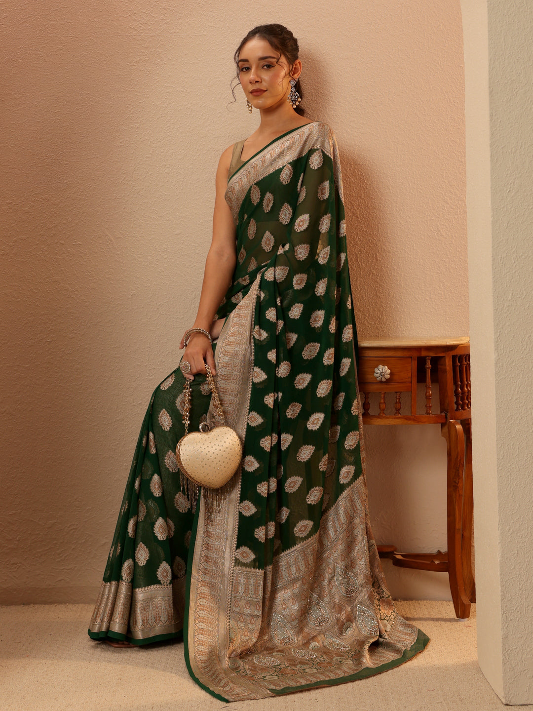  Sacramento Green Woven Design Chiffon Saree 