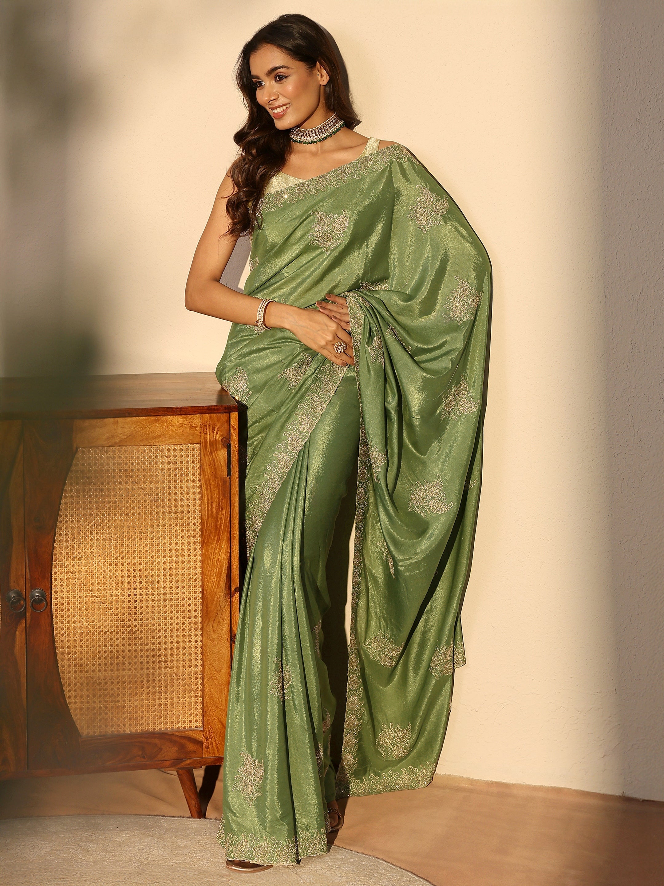 Sage Green Embellished Satin Saree-image-39