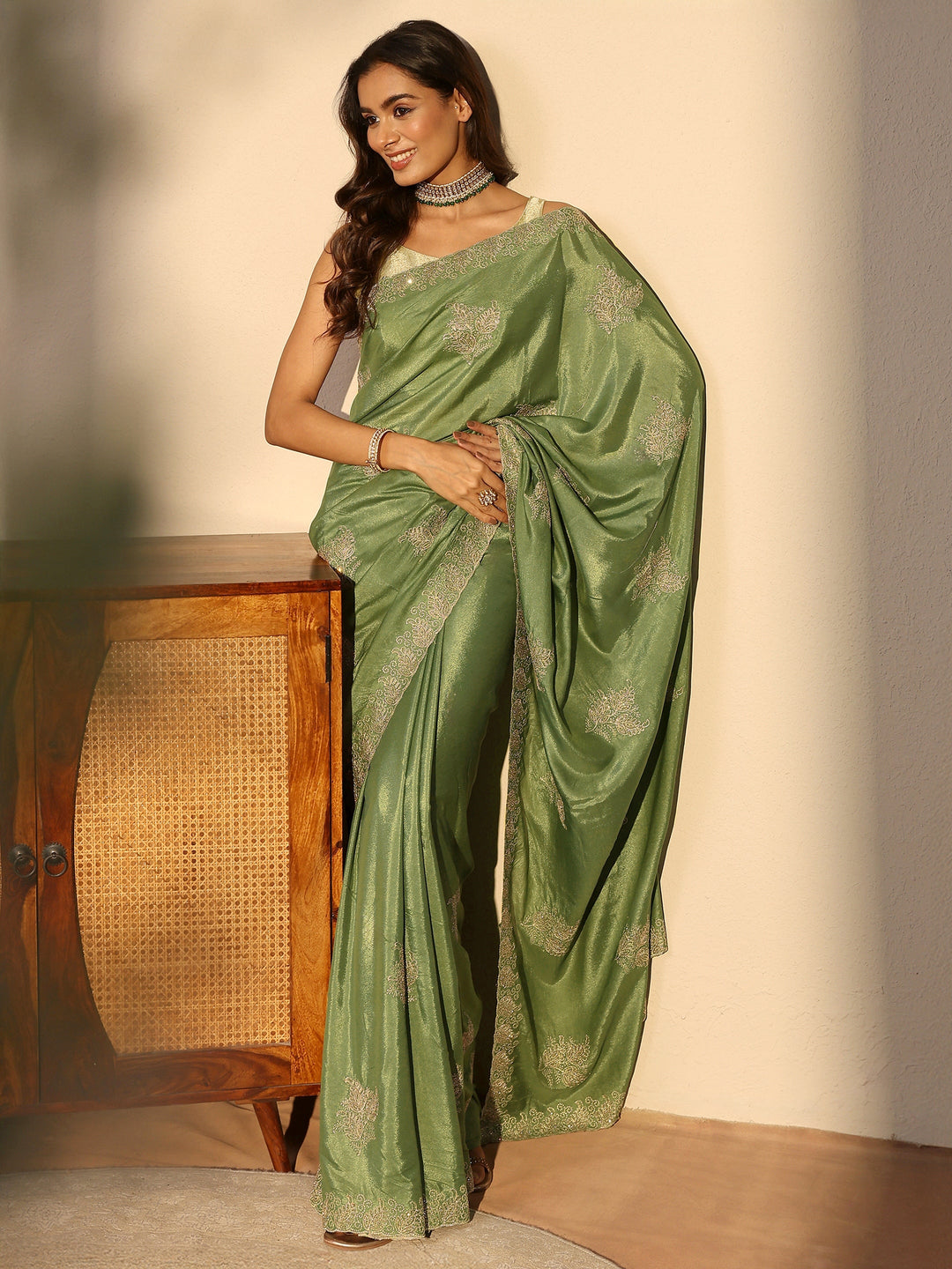  Sage Green Embellished Satin Saree 