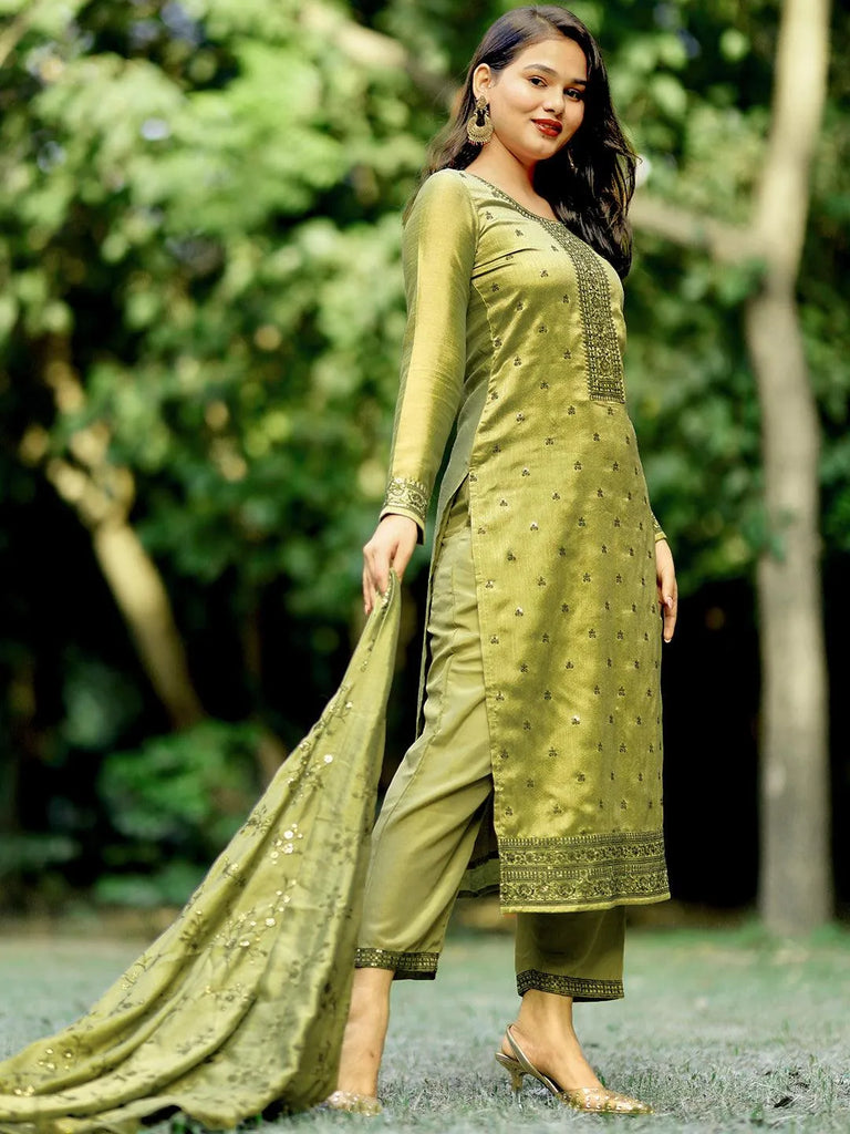 Libas Green Embroidered Silk Blend Straight Suit With Dupatta