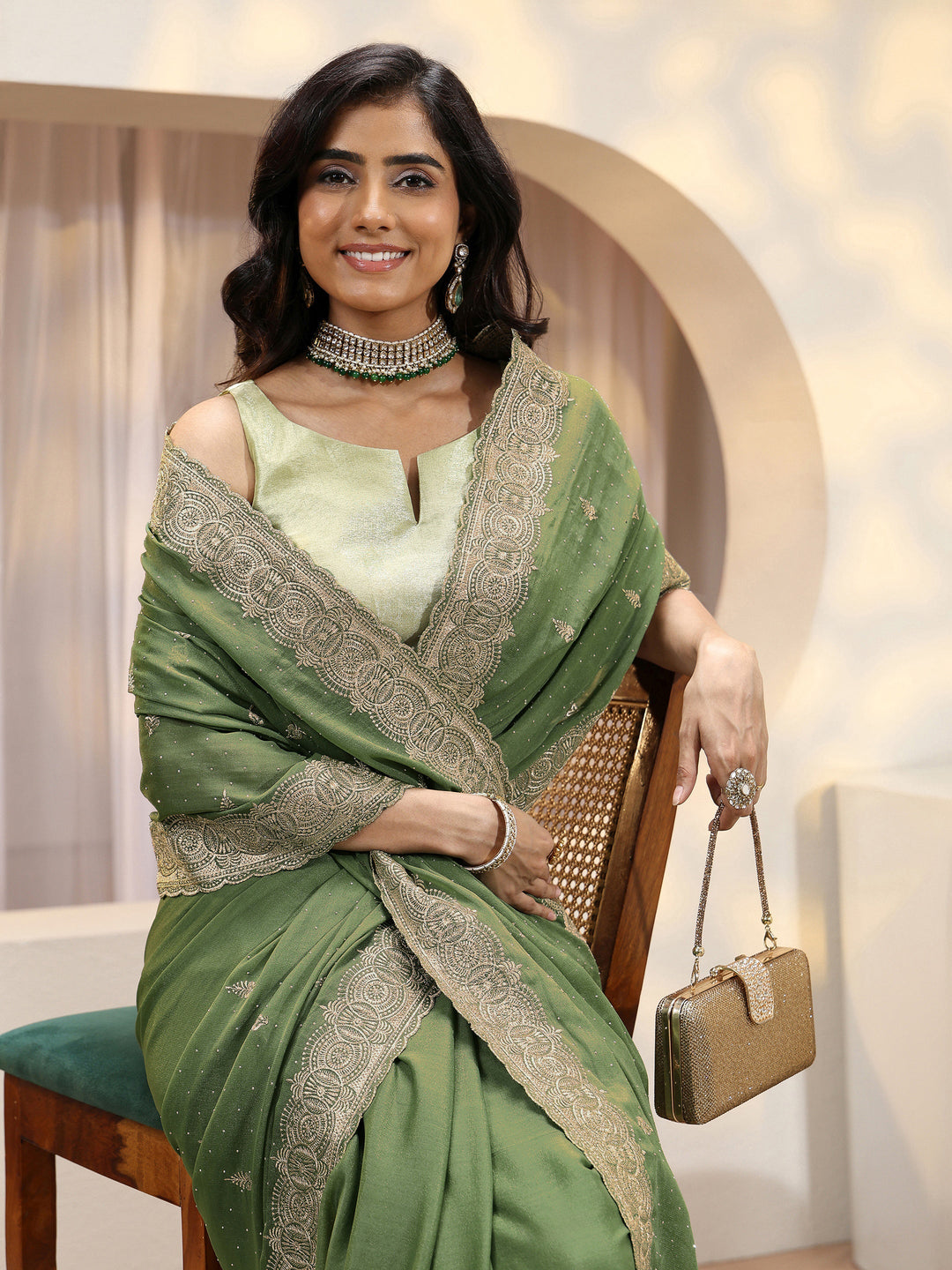  Sage Green Tissue Saree With Embellished Border 