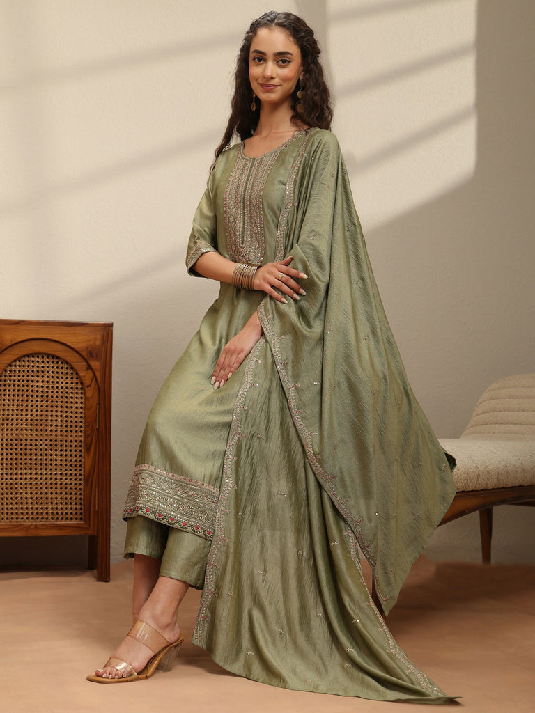 Libas Sap Green Yoke Embellished Chanderi Silk Straight Suit Set