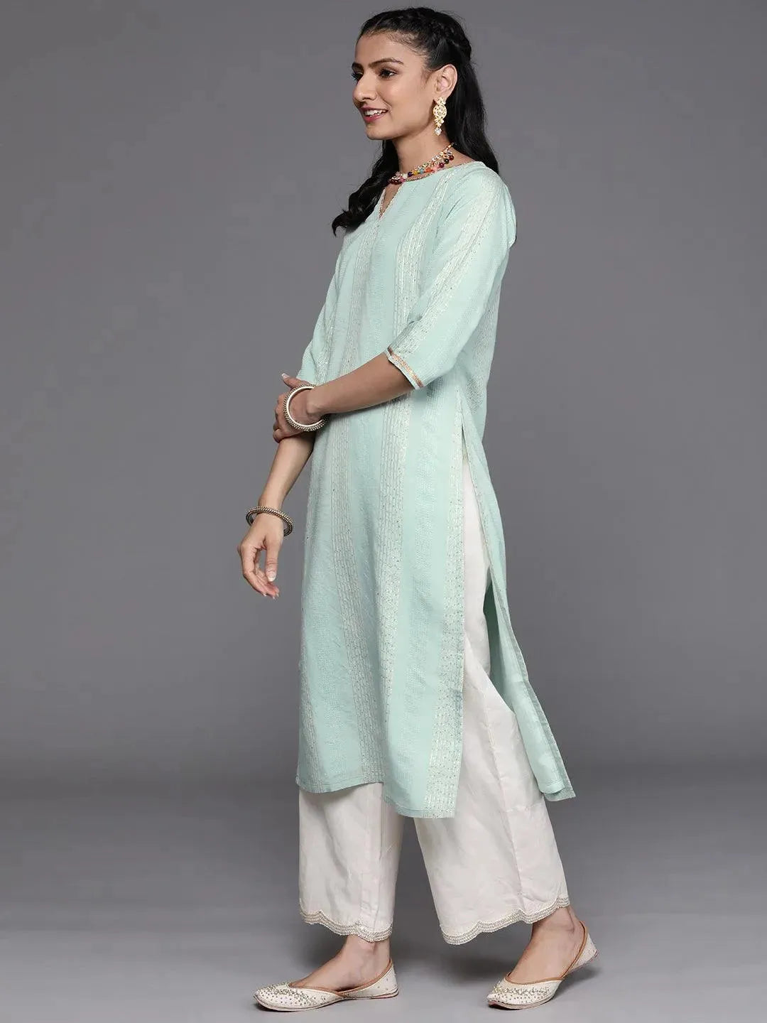 Sea Green Embellished Chanderi Silk Kurta - Libas