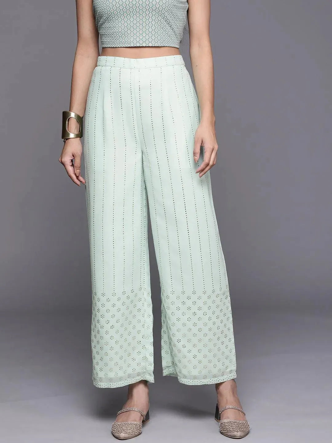 Sea Green Embellished Georgette Palazzos - Libas 