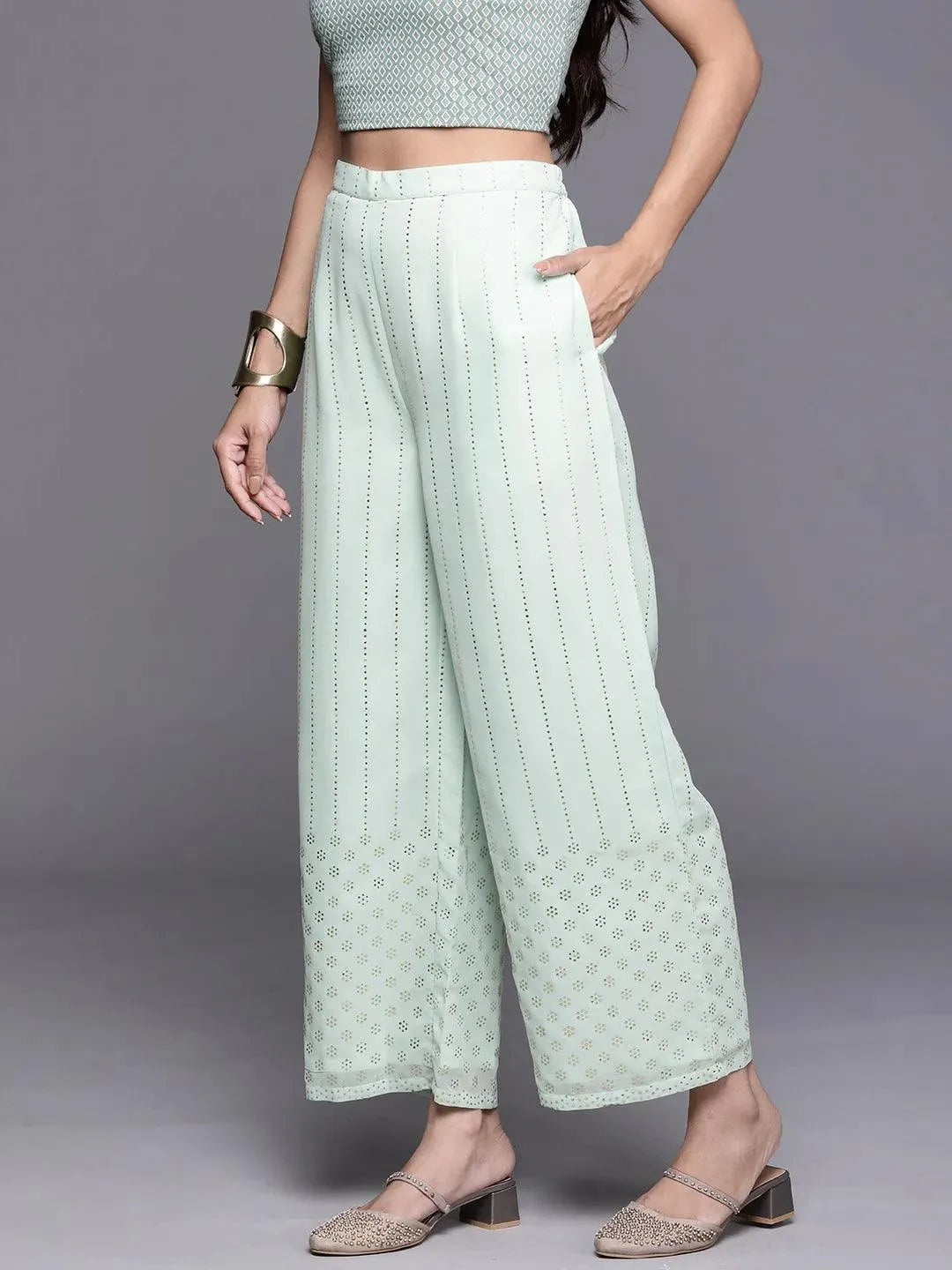 Sea Green Embellished Georgette Palazzos - Libas 