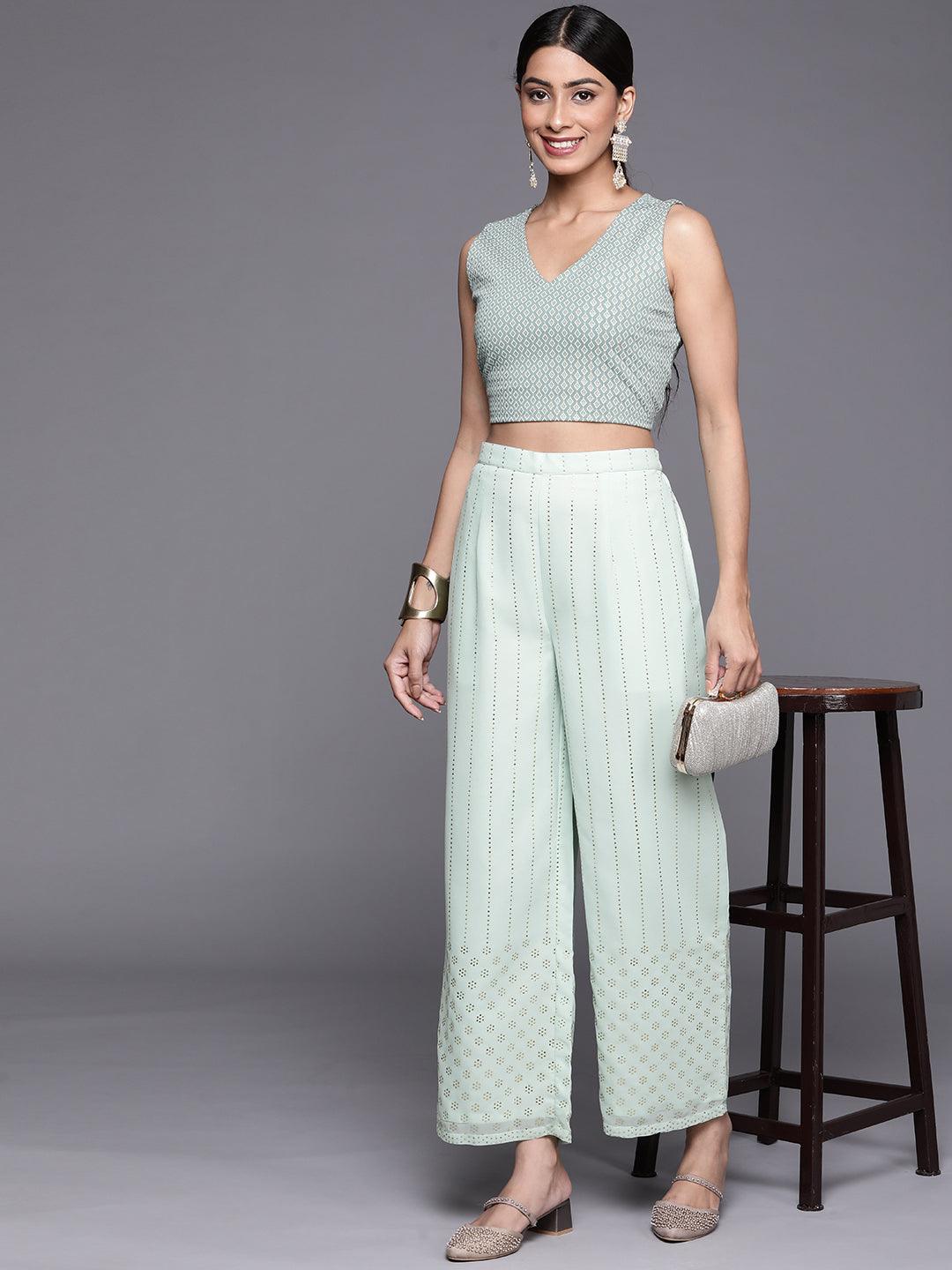 Sea Green Embellished Georgette Palazzos